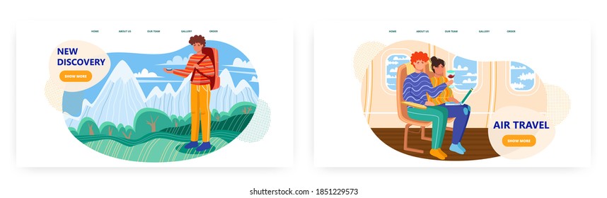 Man using compass while hiking in mountains. Adventure travel and explore vector concept illustration. Couple in air plane work with laptop and drink wine. Web site design template for air travel