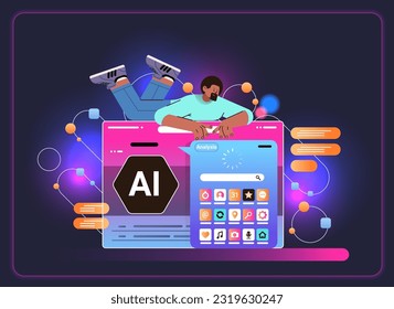 man using computer apps on screen social media communication digital addiction concept