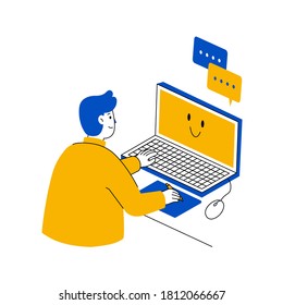 Man using a computer, concept of working and video conferencing, illustration in flat design isolated on white background