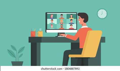 man using computer connecting to people, learning or meeting online with teleconference, video conference remote working, work from home and work from anywhere concept, flat vector illustration