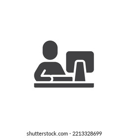 Man using computer at desk vector icon. filled flat sign for mobile concept and web design. Workspace Desktop glyph icon. Coworking symbol, logo illustration. Vector graphics