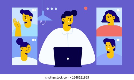 Man using computer for group video conference. Collective virtual meeting. Man  chatting with friends online. Flat Vector illustration