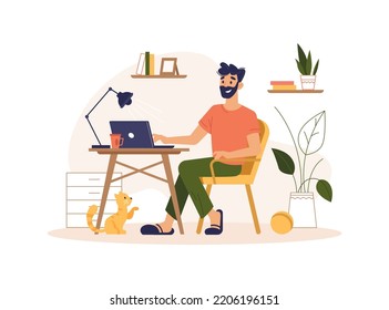 Man using computer at home, distant worker or freelancer with laptop. Male character by desk with lamp, house interior with flowers. Vector in flat cartoon style
