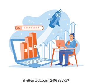 Man using computer, laptop, and mobile phone to promote ranking traffic on website. Optimizing websites to rank in SEO search engines. SEO concept. Trend Modern vector flat illustration