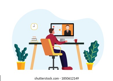 Man using computer for a meeting or to learn online. Work from home concept vector illustration.