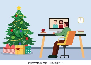 Man using computer to meeting online during winter season with christmas tree and gift box.vector illustration.	
