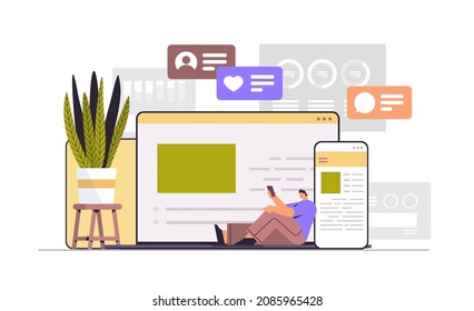 man using computer and mobile chatting apps online communication social media network concept