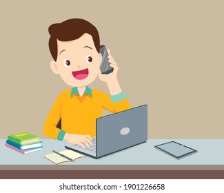 man using a computer and mobile phone calling, man using computer while talking on landline phone working