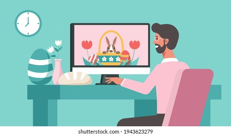 Man using computer on desk with Happy Easter day via online on screen concept, flat vector illustration