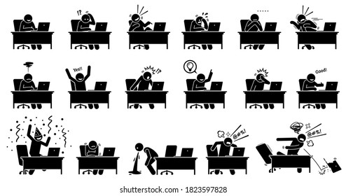 Man using computer reactions towards the online news and things he see and read from the Internet. Vector illustrations of a person reacting and showing different emotions at his laptop. 