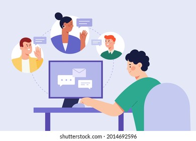 Man using computer to send emails and messages to colleagues. Concept of work from home or online meeting.