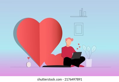 man using computer sending love pink hearts for valentines day festival on bluepink background paper aart style vector illustration