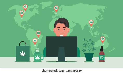 man using computer for shopping cannabis online at home with CBD location on the world map, flat vector illustration