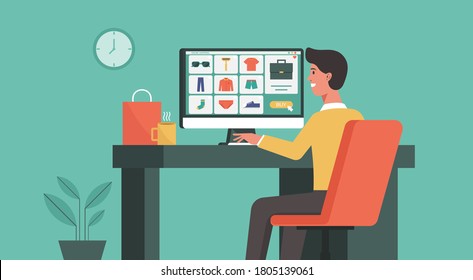 hombre usando computadora para comprar en línea en casa conectándose con hombres productos de moda en e-shop, ilustración de vector plana