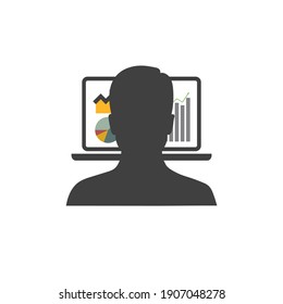 Man using computer, vector icon on white isolate