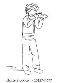 Man using a continuous line drawing camera. Male worker, designer, stands hand-drawn character. Young boy photographs minimalistic outline illustration