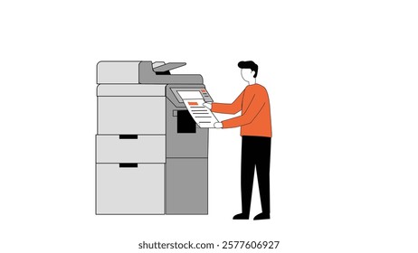 A man using a copier machine in an office, collecting documents from the machine with a focus on office work