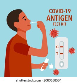 Man using COVID-19 antigen rapid test kit for checking Coronavirus concept vector illustration.