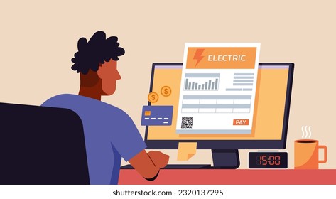 Man using credit card for electric energy online bill payment on desktop computer screen, flat vector illustration