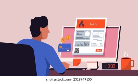 Man using credit card for gas energy online bill payment on desktop computer screen, flat vector illustration