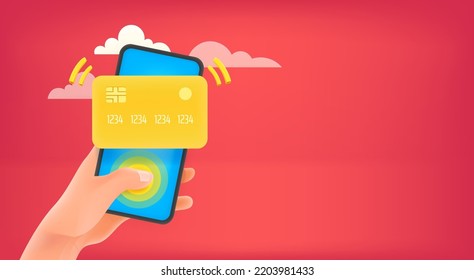 Man using credit card for payment via smartphone. Vector banner with copy space