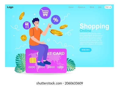 man using a credit card to shop on a computer. people use online shopping services. Smartphone marketing and e-commerce. delivery service concept. Vector illustration.