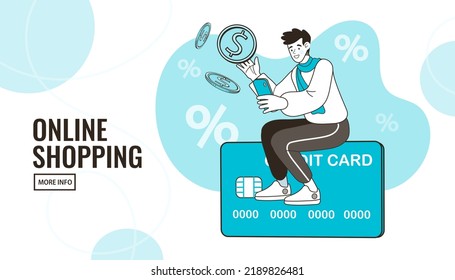 man using a credit card to shop on a computer. people use online shopping services. Smartphone marketing and e-commerce. delivery service concept. Vector outline illustration.