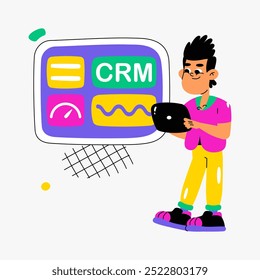 Man using CRM software on tablet in flat vector illustration symbolizing customer relationship management, business tools, and data analytics, isolated on white.