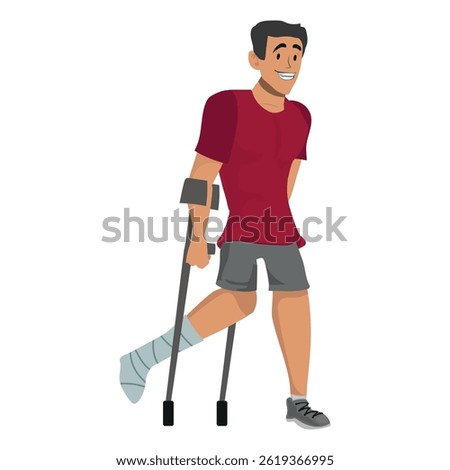 man using crutches to walk, immobilized leg, vector illustration.