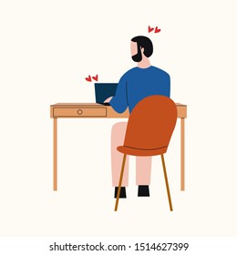 Man using dating app on his laptop. Small hearts near laptop. Happy man found someone in dating app. Online app or relationship concept. Flat vector illustration