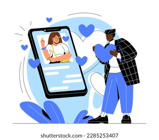 Man using dating app. Young guy with heart in his hands stands near smartphone with girl. Communication in social networks and messengers. Relationships and love. Cartoon flat vector illustration