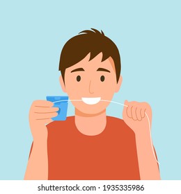 Hombre usando hilo dental para limpiar dientes en diseño plano. Higiene dental. Atención oral.