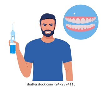 Man using dental irrigator, oral hygiene tool. Dental health concept. Upper and lower jaws. Healthy smile. Dentistry, whitening, orthodontics. Vector