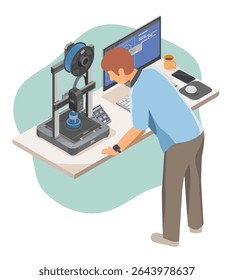 Man using a desktop 3D printer at home to develop creative skills and engineering knowledge through hands on hobby projects