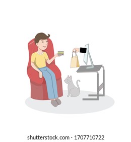 A man using desktop computer for online shopping at home