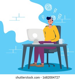 man using desktop with stress character vector illustration design