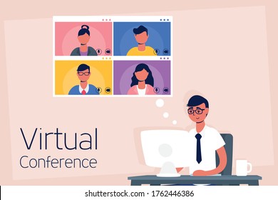 hombre que utiliza escritorio en el diseño de ilustración de vector de comunicación de conferencia virtual