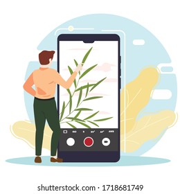 Man using device, make photo on mobile. Illustration for web