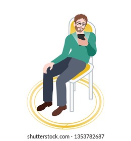 man using digital gadget sitting on the chear- vector. flat illustration