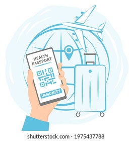Man using digital health passport application. Tourist shows his immunity  on his smartphone screen.  Covid-19 vaccine passport. 
Flat vector illustration
