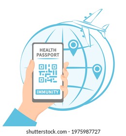 Man using digital health passport application. Tourist shows his immunity  on his smartphone screen.  Covid-19 vaccine passport. 
Flat vector illustration
