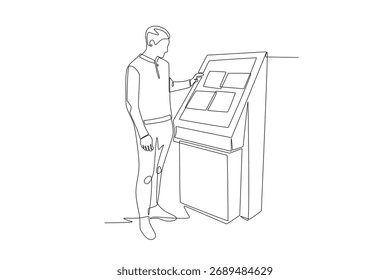 Homem usando quiosque digital. Desenho de uma linha do conceito de quiosques digitais