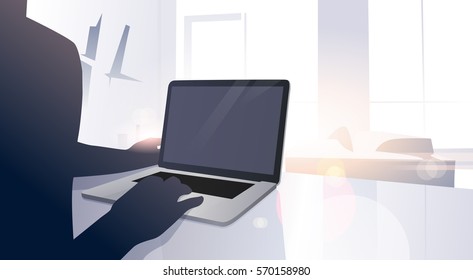 Man Using Digital Laptop Computer Typing Modern Apartment Window Sun Shine Flat Vector Illustration