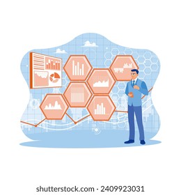 Man using a digital tablet with abstract digital business hologram. Entrepreneurs use new technology and innovation in marketing. Technology and finance concept. Trend Modern vector flat illustration
