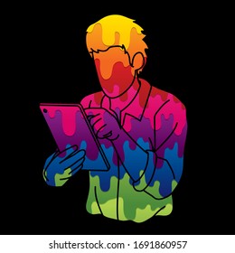 Man using digital tablet cartoon graphic vector
