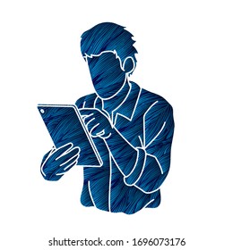 Man using digital tablet cartoon graphic vector