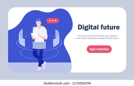 Man using digital tablet and send message. Chat Communication. Digital future. Flat Vector Illustration.