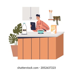 Hombre usando tableta digital para navegar por internet y ver videos mientras desayuna en la cocina en casa. Hombre con navegación por dispositivos en medios sociales. Dibujo vectorial plano de dibujos animados
