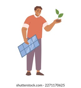 Man using ecological renewable sources of energy. Isolated person with solar panels and sprout in hands, growing saplings and trees. Vector in flat style