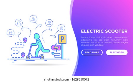 Man using electric scooter concept. Web page template with thin line icons: sharing service, mobile app, QR code, parking, eco transport, pointer. Modern vector illustration.